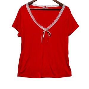 Ragdoll Women Top 3X Orange Lace Trim Bow Detail Ribbed Stretch Blouse Y2K Retro